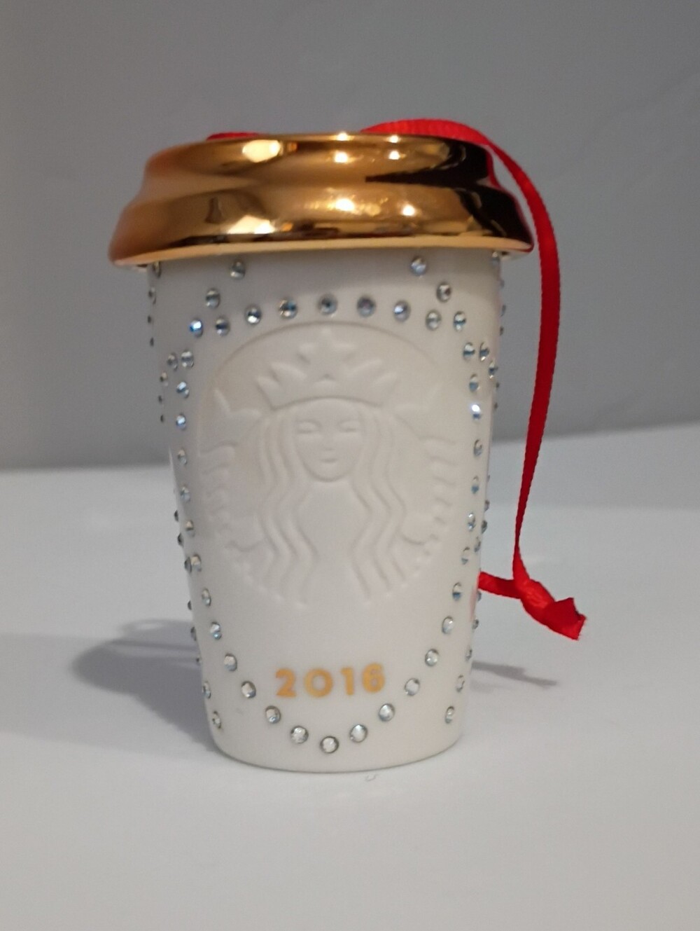 Starbucks 2016 Rhinestone Ornament - White & Gold